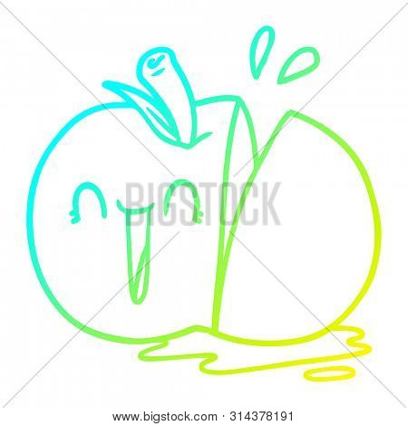 cold gradient line drawing of a happy cartoon sliced apple