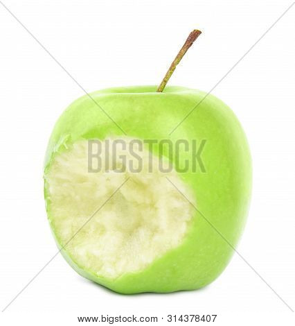 Fresh Ripe Green Apple With Bite Mark On White Background