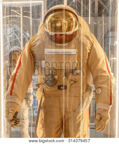Moscow, Russia - November 28, 2018: Russian astronaut spacesuits in Moscow space museum that was specially developed for space vehicle missions.