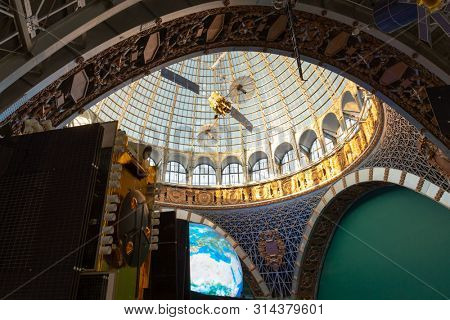 Moscow, Russia - November 28, 2018: Glass dome of the Space Cosmos pavilion at VDNH - Exhibition of Achievements of National Economy.