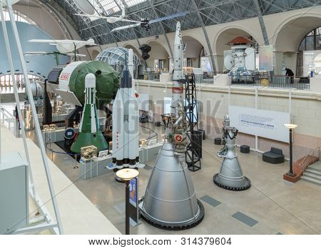 Moscow, Russia - November 28, 2018: Interior exhibition in the Space pavilion at VDNH. Modern museum of russian cosmos exploration.