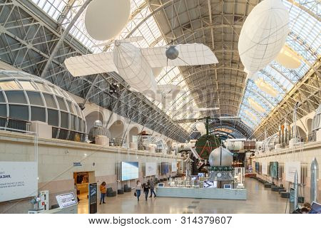 Moscow, Russia - November 28, 2018: Interior exhibition in the Space pavilion at VDNH. Modern museum of russian cosmos exploration.