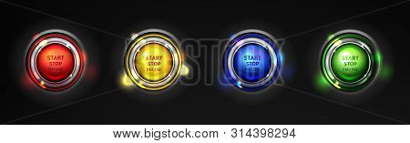 Set Of Car Engine Start, Stop Colorful Buttons Realistic 3d Isolated On Black Background. Modern Spo