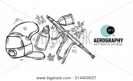 Vector Illustration Of Respirators. Aerography Tools Sketch
