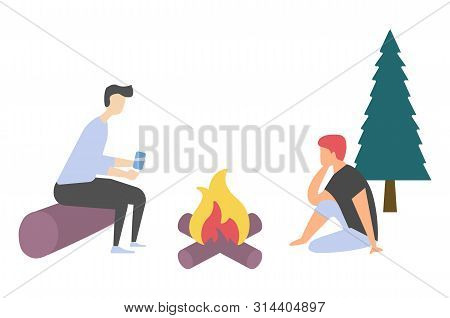 People Leisure Near Bonfire, Side View Of Man And Woman Characters Sitting On Log And Floor, Friends