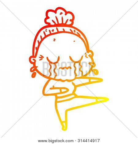 warm gradient line drawing of a cartoon old dancer woman crying