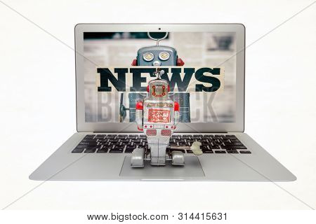 retro robot is watching fake news on a laptop islated on white 