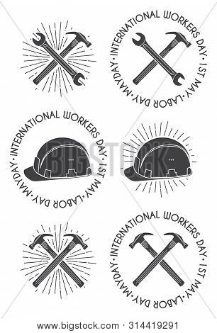 May Day. International Workers Labor Day Wrench, Hammer And Safety Helmet Thin Line And Silhouettes 