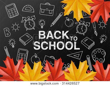 Back To School Sale Poster Vector. Autumn Fall Promotion Banner. Atumn Leaves And Chalk Supplies Tem