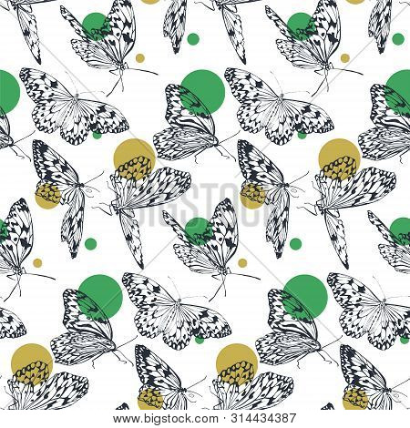 Butterfly Seamless Pattern In Black And White With Green Bright Dots. Tropical Paradise