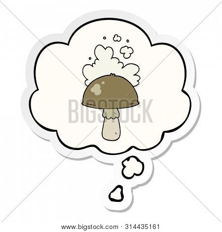 cartoon mushroom with spore cloud with thought bubble as a printed sticker
