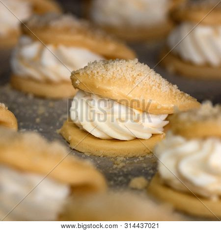 Finished Production Raw Sochniki Sochni With Cottage Cheese In Factory In The Steel Table. Tradition