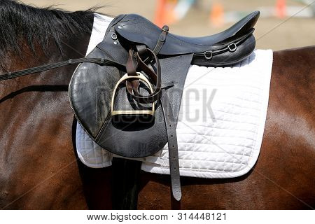 Beautiful Handmade Dressage Horse Riding Saddle With Girth, Stirrup On Saddle Pad On The Racetrack