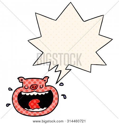 cartoon obnoxious pig with speech bubble in comic book style