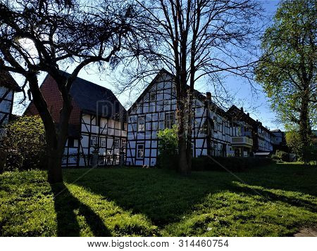 Central Park In The City Of Einbeck, Germany With Half-timbered Houses