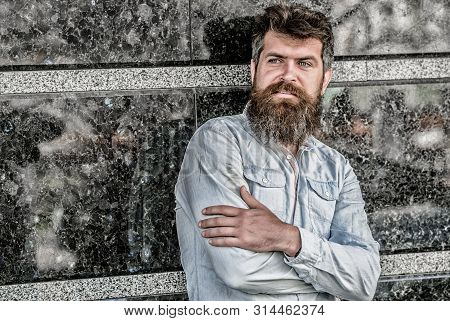 Guy Masculine Appearance With Long Beard. Barber Concept. Beard Grooming. Beard Care. Man Attractive