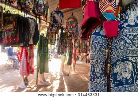 Traditional African Market Selling Colorful  Backpacks, Clothes And Fabrics, Feima, Maputo, Mozambiq