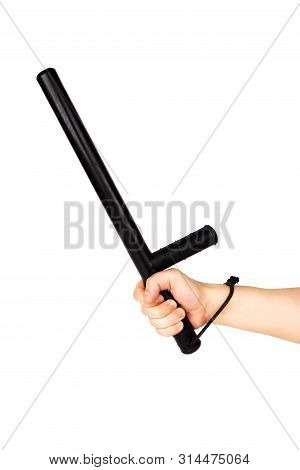Bare Hand With Black Rubber Police Baton Isolated On White Background