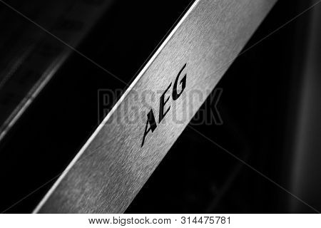 Siofok / Hungary - July 8, 2019: Textured Commercial Brand Logo Of Aeg Kitchen On Aeg Bsk892330m Ove