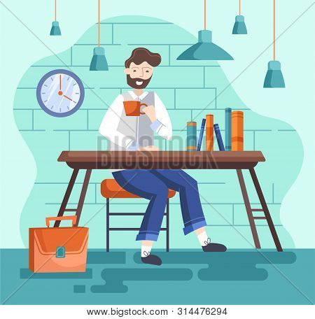 Design Of Businessman Drinking Tea Or Coffe During A Breaktime Sitting At His Desk In The Office. Fl