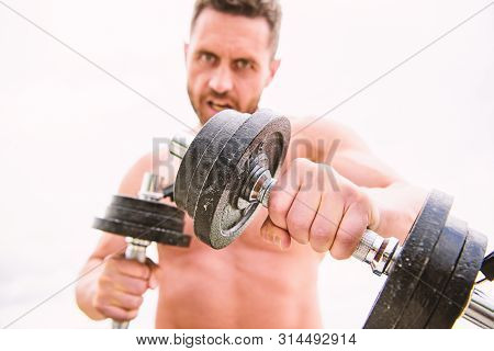 Muscular Man Exercising With Barbell. Fitness Health Diet. Man Sportsman With Strong Ab Torso. Stero