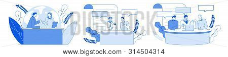 Modern Cartoon Flat People Characters Talking, Thin Contour Style. Outline Character People In Conve
