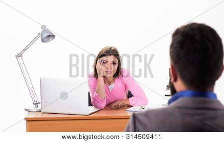 Interview Goes Well. Pretty Boss Making Decision About Job Applicant. Man Applying For Job. Hr Manag