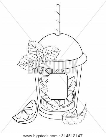 Drink Mohito In A Glass With A Lid And A Drinking Straw With Copy Space. A Glass Decorated With Mint