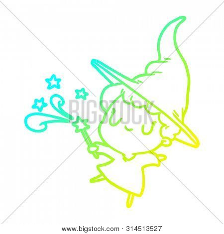 cold gradient line drawing of a cute witch casting spell