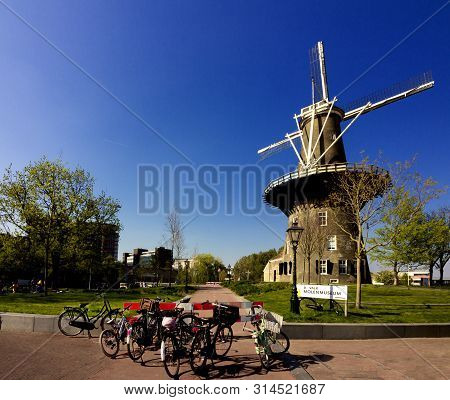 Leiden, Holland, Netherlands, April 21, 2019.  Street View, Molen De Valk Museum (falcon Windmill) T