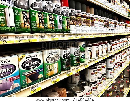 Bemidji, Mn - 29 Jul 2019: Display Shelves Of Rust-oleum Surface Protectant Products In Hardware Dep