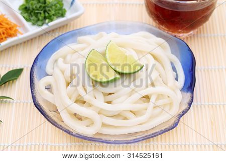 Japanese Chilled Udon Noodles In A Glass Plate With Mentuyu