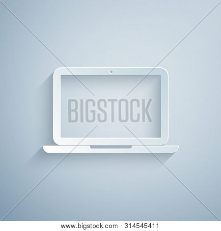 Paper Cut Laptop Icon Isolated On Grey Background. Computer Notebook With Empty Screen Sign. Paper A