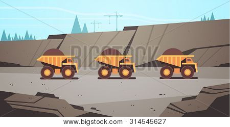 Heavy Yellow Dumper Trucks Professional Equipment Working On Coal Mine Production Mining Transport C