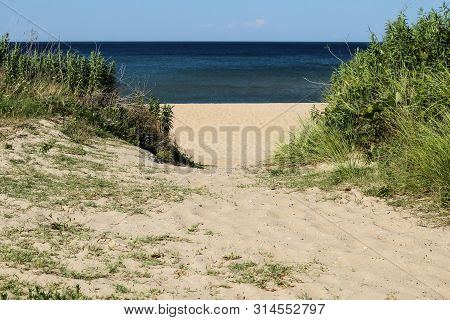 Pathway To Beach At Ocean View Beach In Norfolk, Virginia Facing Chesapeake Bay.