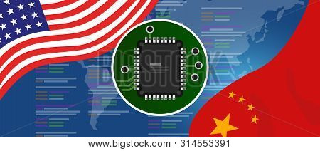 Artificial Intelligence Ai Neuralink Chip Digital Neural Engine. China And Usa Relations Concept. Fl