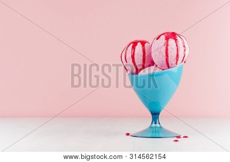 Seasonal Sweet Dairy Dessert - Pink Ice Cream Scoops In Elegant Blue Bowl With Strawberry Jam In Mod