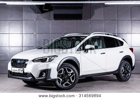 Novosibirsk, Russia - June 30, 2019: White Subaru Impreza Xv,  Front View.  Photography Of A Modern 