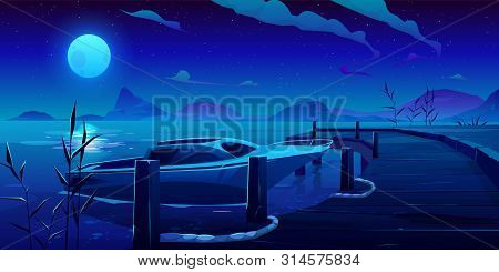 Boat, Yacht Moored To Pier On Night River Or Lake Natural Landscape With Moon Light Reflecting On Wa
