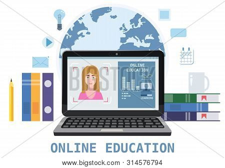 Online Education Webinar Icons Composition With Teacher Coach Trainer Women On Laptop Electronic Lib