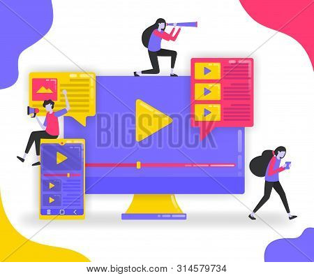 Illustration Of Play Button And Playlist. Monitor And Smartphone With Suscribe Video, Influencers Lo