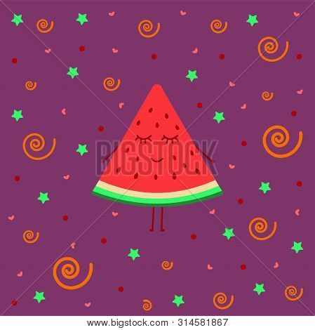 Smiling Watermelon Girl On A Purple Background With Hearts, Stars And Circles, Vector Illustration