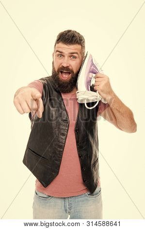 I Am Receiving You. Unshaven Brutal Man Pointing Finger With Steam Iron At Ear. Bearded Man Pretend 