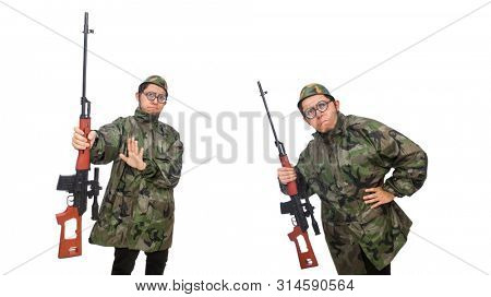 Military man with a gun isolated on white