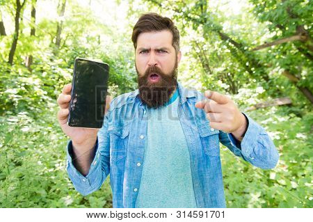 No Connection. Angry Bearded Manon Phone. Mature Hipster With Beard Pointing Finger. Got Lost In For