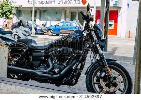 Tel Aviv Israel July 29, 2019 View Of A Harley Davidson Screamin Eagle 110 Parked In The Street In T