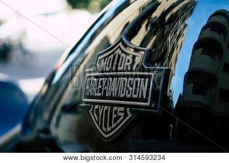 Tel Aviv Israel July 29, 2019 View Of A Harley Davidson Screamin Eagle 110 Parked In The Street In T