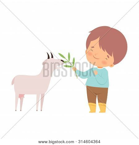 Cute Little Boy Feeding Goatling, Adorable Kid Caring For Animal At Farm Cartoon Vector Illustration