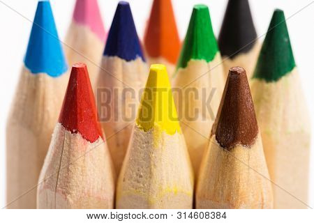 Color Wooden Pencils Isolated On White Background. Natural Color. Art And Hobby Tools, Set Of Colorf