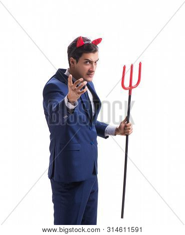 Evil devil businessman with pitchfork isolated on white backgrou